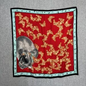 VTG Metropolitan Museum of Art Scarf Womens Red Cat Butterfly Square Silk 90s